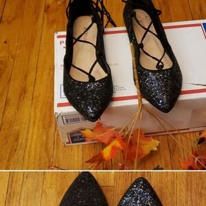 JustFab Raiven Black Sparkly-Sequin Pointed-Toe Flats Shoes SZ 8.5